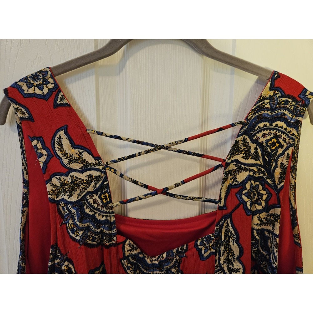 Maurices Red Floral Skater Lined Crisscross Back Gauzy Sleeveless Dress, Plus 2X - Picture 6 of 9